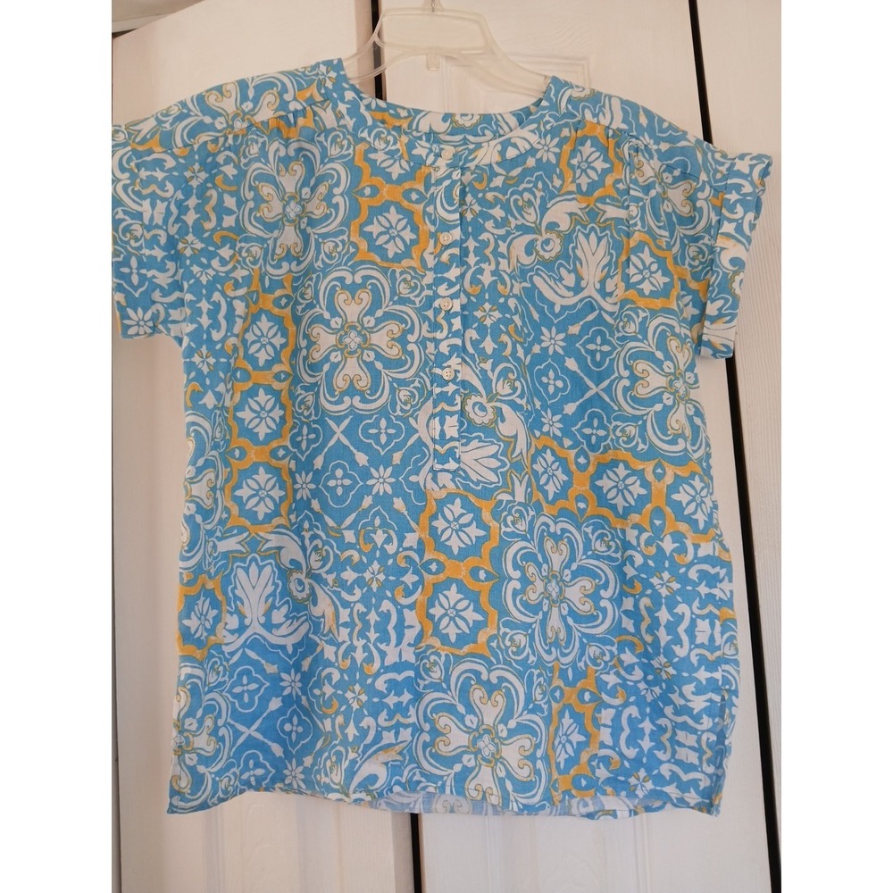 Ann Taylor Top XS  Blue Yellow Aztec  Floral Print Short Sleeve